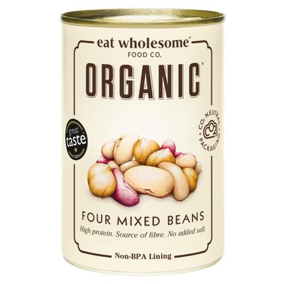 Eat Wholesome Organic Four Mixed Beans, 400g (Pack of 12) - In Water, Pre-Cooked, No Added Salt, 100% Natural, Source of Protein, Vegan, Non-BPA Lining
