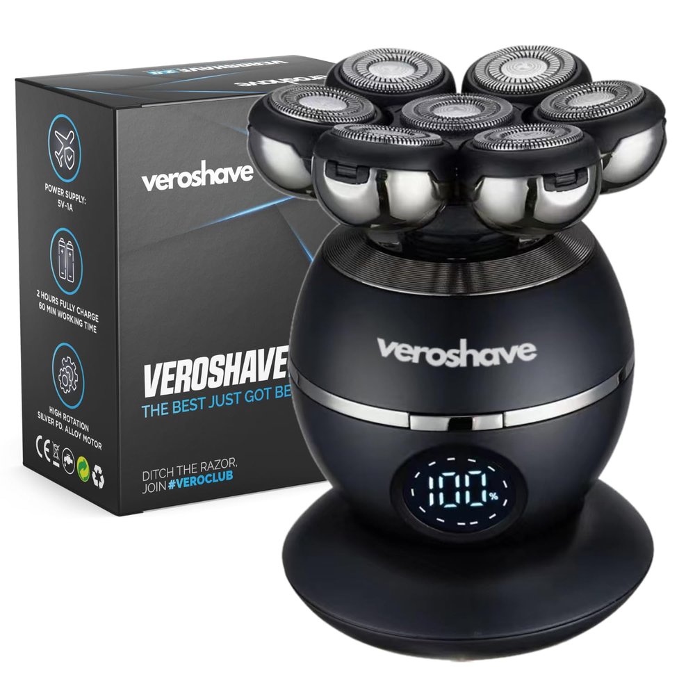 Veroshave 7-Blade Bald Head Shaver for Men - Cordless, Rechargeable Hair Trimmer With Curved Blades, Mess-Free & Full-Shave Travel-Friendly Grooming Kit