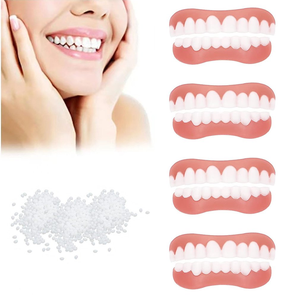 Giural 4 Pair Instant Veneers Dentures Fake Teeth, Cosmetic Tooth Veneers, Snap on Veneers Teeth, Clip in Veneers Teeth Top and Bottom, False Teeth Veneers for Men and Women Cover Imperfect Teeth