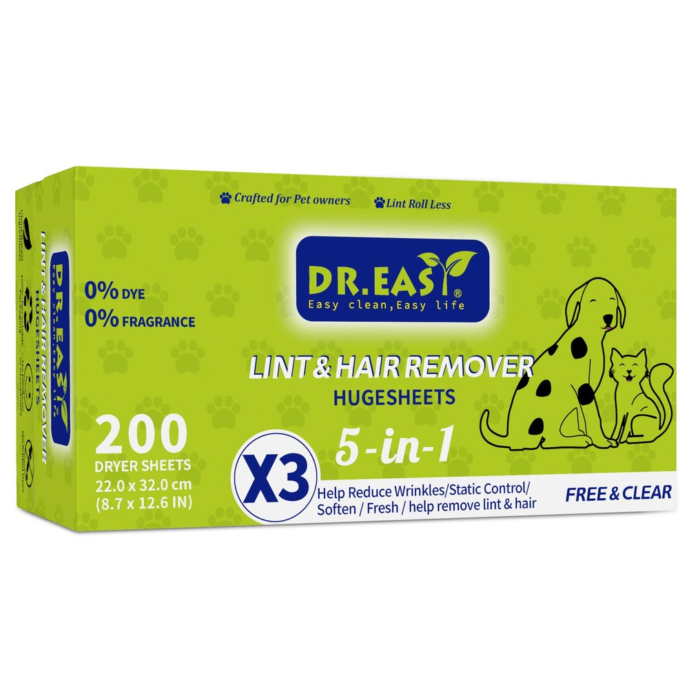 Dr.Easy LINT & HAIR REMOVER Pet HUGESHEETS with 3X Dryer Sheets, Free and Clear, 200 Count,PLANT&MINERAL-BASED FORMULA