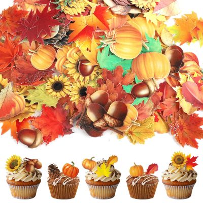280pcs Edible Fall Cake Decorations, Edible Sunflower Fall Leaf Pumpkin Cupcake Toppers Autumn Edible Cake Decors for Baking Food Thanksgiving Party Supplies(40 Styles)