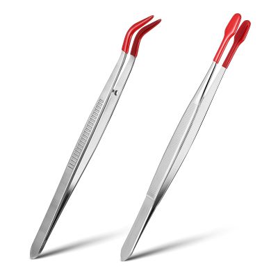 Bremorou Pack of 2 Craft Tweezers, Plastic & Metal, Silver, Klassisch Style, Long & Curved, Non-Slip, PVC Coated, Ideal for Jewellery, Electronics & Model Making