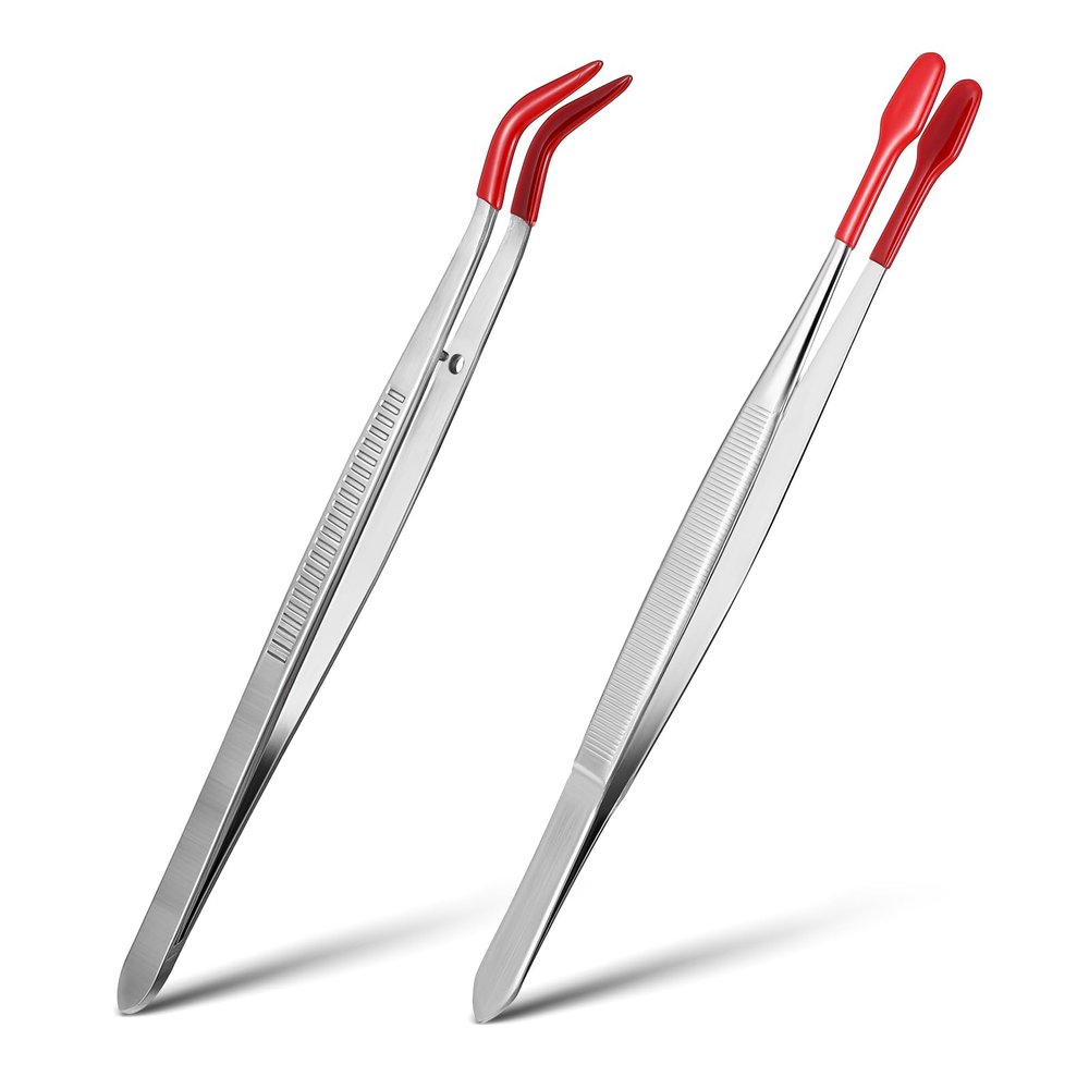 Bremorou Pack of 2 Craft Tweezers, Plastic & Metal, Silver, Klassisch Style, Long & Curved, Non-Slip, PVC Coated, Ideal for Jewellery, Electronics & Model Making