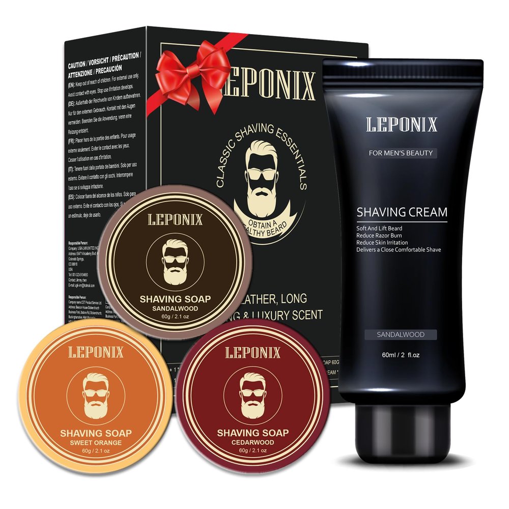 Shaving Soap - Includes 3 Shaving Soap for Men & Sandalwood Shaving Cream for Smooth Wet Shave - Shaving Soap Puck Kit Scented Sandalwood/Cedar/Sweet Orange - Gift Sets for Men Him Stocking Fillers