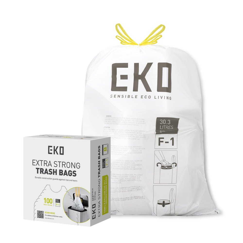 EKO 18-30 Litre Drawstring Bin Bags, Heavy Duty Kitchen Bin Liners for Multi Compartment Bins, Leakproof and Tear-Resistant for Waste & Recycling, Unscented Food Waste Bags, 100 Count, Code F-1, White