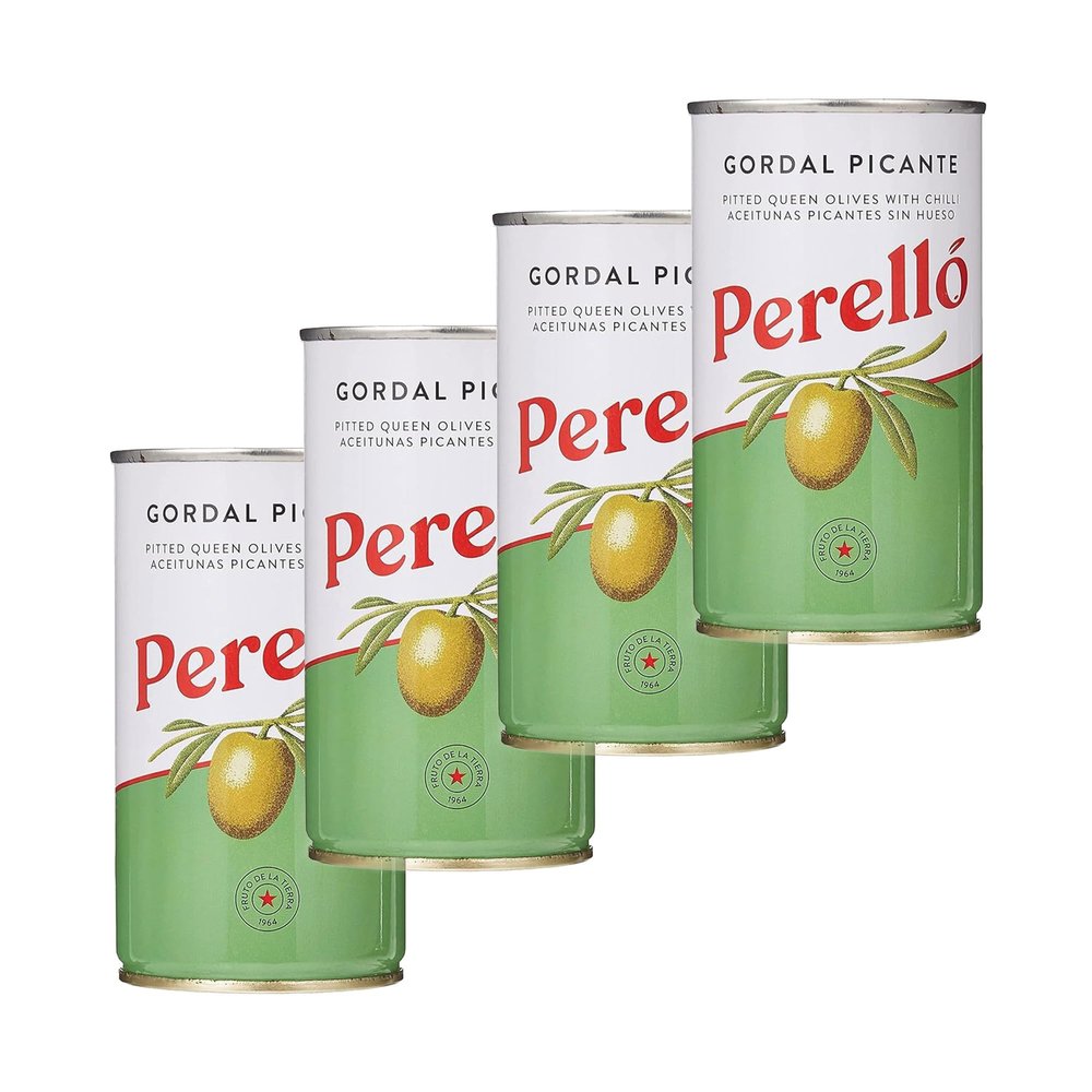 Perell Gordal Picante Pitted Olives - 350g (150g Drained), Pack of 4, Spanish Green Olives - Spicy Gordal Olives, Perello Olives, Tinned Olives Pitted