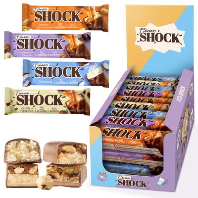 Fitnesshock Protein Bars High Fiber, Low Carb Protein Snack Bars No Added Sugar, Rich Chocolate Flavors | Variety Box | 24x50g