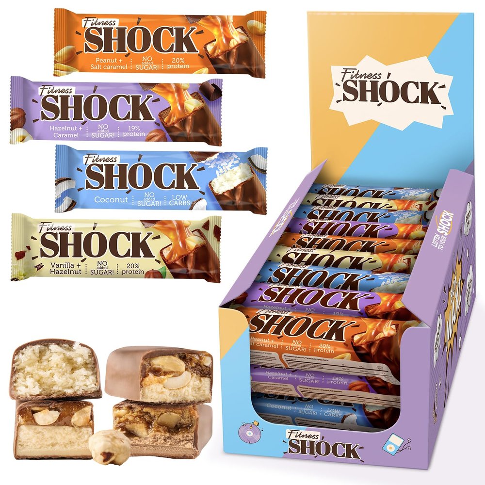 Fitnesshock Protein Bars High Fiber, Low Carb Protein Snack Bars No Added Sugar, Rich Chocolate Flavors | Variety Box | 24x50g