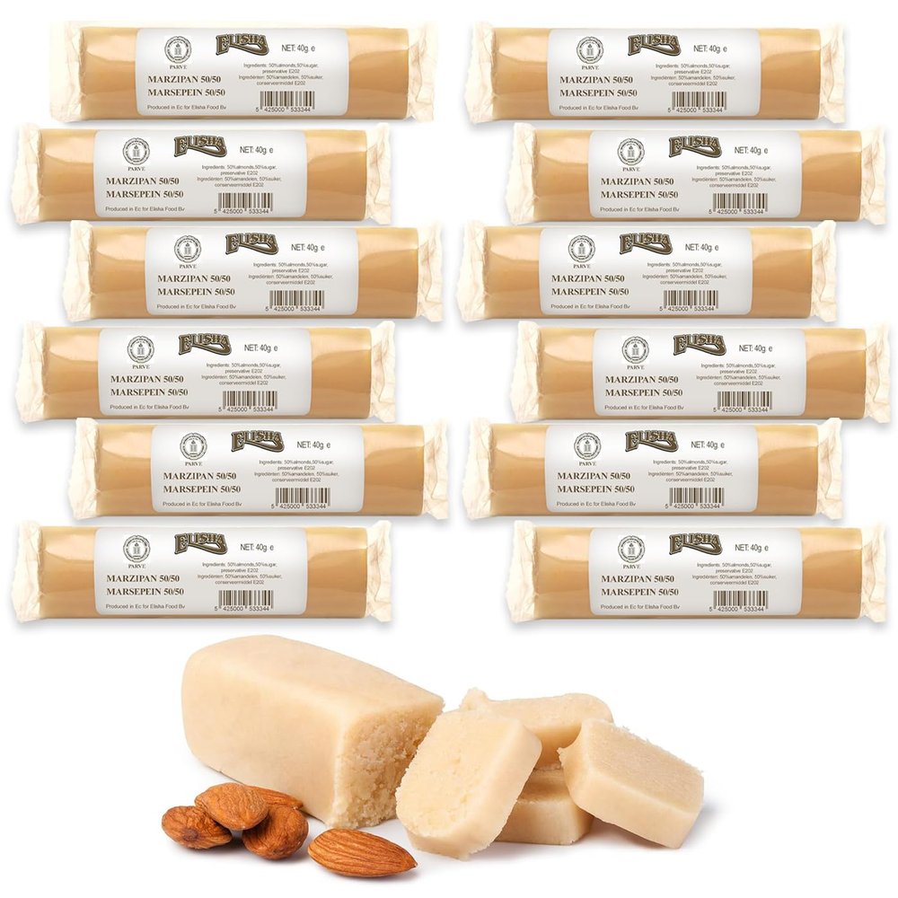 Elisha Original White Marzipan Bar - Multipack of 12 Kosher Snack Pack - Almond-Filled Marzipan Bars - Mouldable Sugary Snack for Kids and Adults - Made in Belgium Marzipan Roll for Confections (40G)