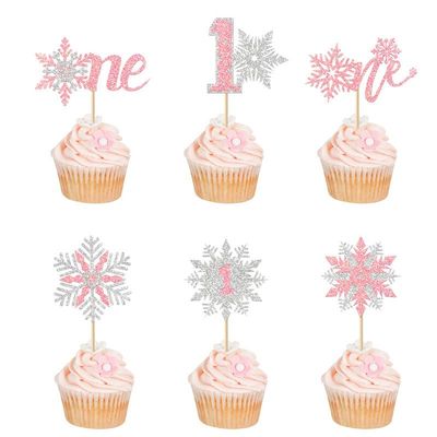24Pcs Snowflake One Cupcake Toppers Pink Glitter Winter Snowflake 1st Birthday Cupcake Picks First Birthday Snowflake Cake Decorations for Winter Wonderland Baby Shower 1st Birthday Party Supplies