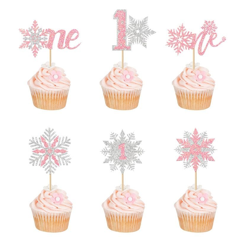 24Pcs Snowflake One Cupcake Toppers Pink Glitter Winter Snowflake 1st Birthday Cupcake Picks First Birthday Snowflake Cake Decorations for Winter Wonderland Baby Shower 1st Birthday Party Supplies