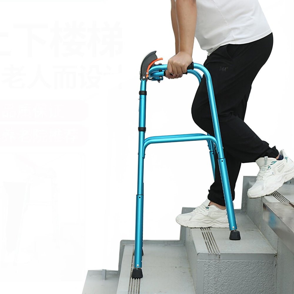 LSRFXF Climbing Stairs Folding Walking Frame, Height Adjustable Lightweight Walking Mobility Aid, Aluminium Upright Climbing Stairs Standard Walker for Elderly
