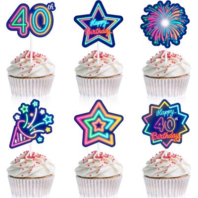 18pcs Glow 40th Cupcake Topper Set Neon Happy Birthday Colorful Glitter Star Black Light Decoration, Let's Go Crazy Glow Theme Party, Anniversary Party, Birthday Party, Birthday Gift for Men and Women