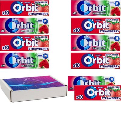 10 x Mixed Orbit Watermelon & Strawberry Sugar free Chewing gum Packs 14g With Gift Box
