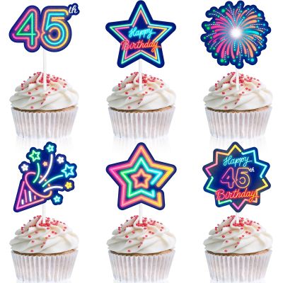 18pcs Glow 45th Cupcake Topper Set Neon Happy Birthday Colorful Glitter Star Black Light Decoration, Let's Go Crazy Glow Theme Party, Anniversary Party, Birthday Party, Birthday gifts for kids