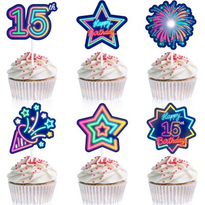 18pcs Glow 15th Cupcake Topper Set Neon Happy Birthday Colorful Glitter Star Black Light Decoration, Let's Go Crazy Glow Theme Party, Anniversary Party, Birthday Party, Birthday gifts for teens.