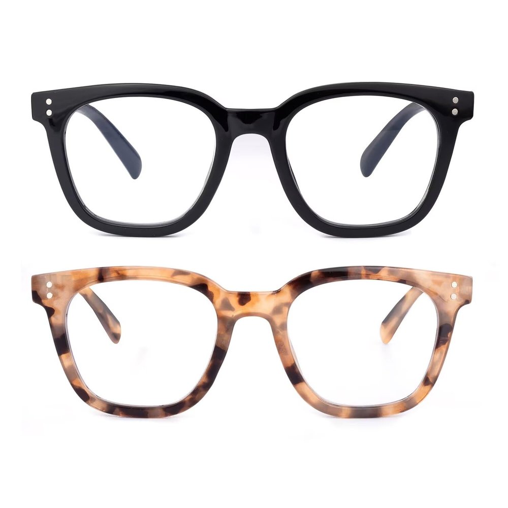 SKYWAY 2 Pack Reading Glasses for Women Men, Fashion Oversized Blue Light Blocking Computer Readers with Spring Hinge Anti Eyestrain UV Protection Black/Brown Tortoiseshell 1.0+