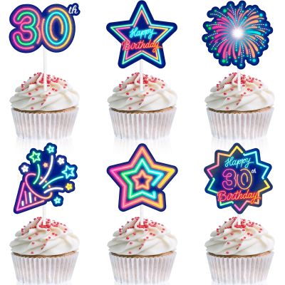 18pcs Glow 30th Cupcake Topper Set Neon Happy Birthday Colorful Glitter Star Black Light Decoration, Let's Go Crazy Glow Theme Party, Anniversary Party, Birthday Party, Birthday Gift for Men and Women