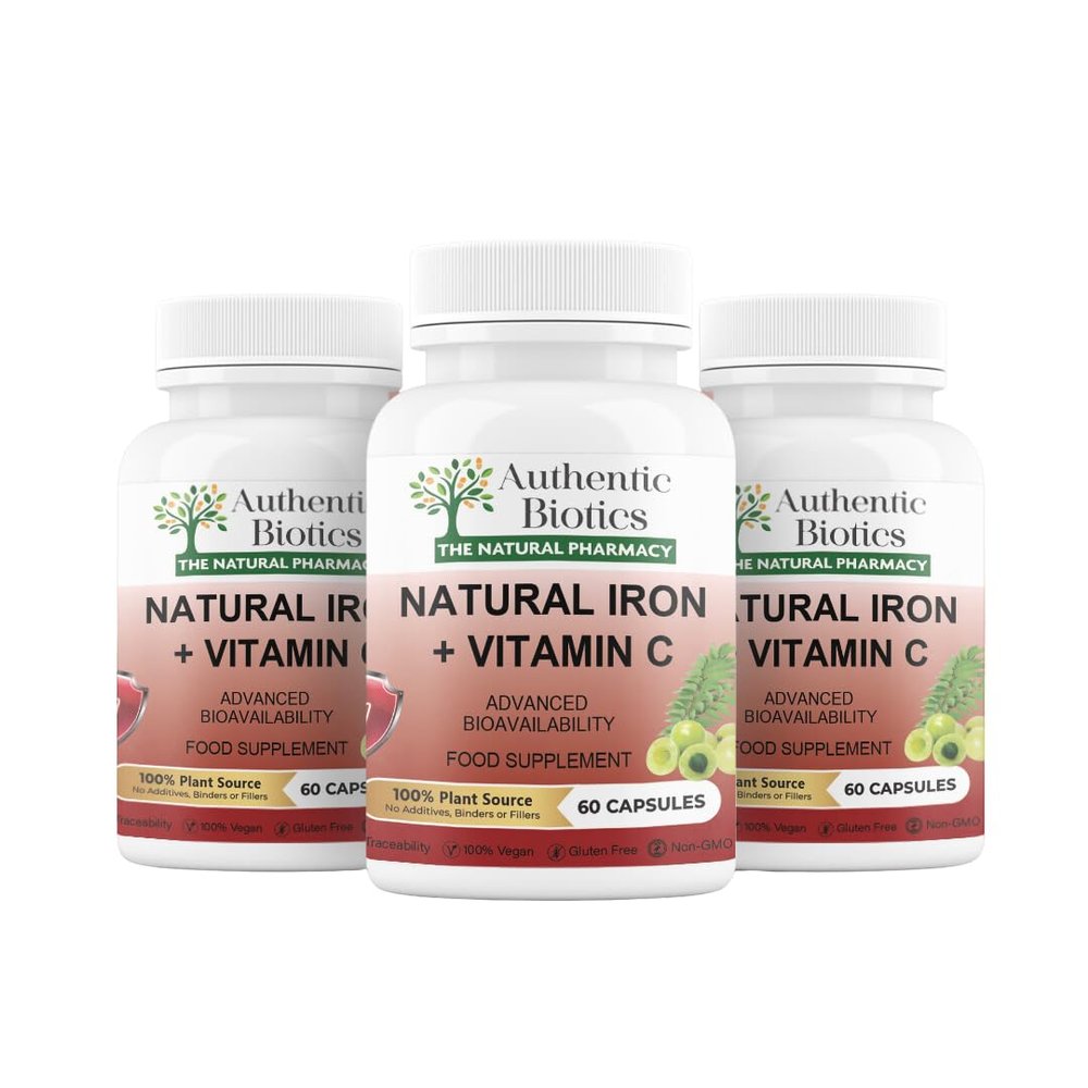 Authentic Biotics Iron & Vitamin C Supplement | 60 Vegan Capsules | Plant-Based Iron from Curry Leaves & Vitamin C from Amla | Supports Energy, Immunity & Reduces Tiredness | 6 Month Supply