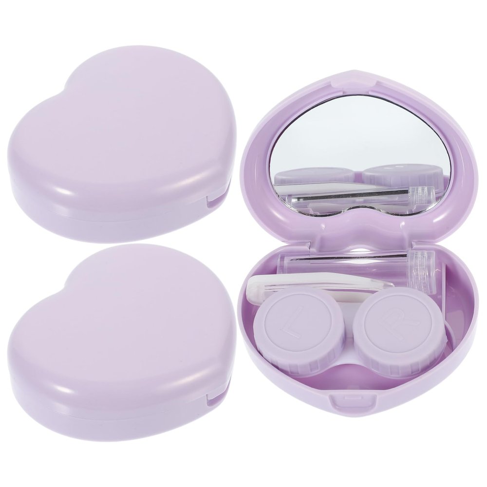 HOMOCONO Portable Contact Lens Case Set of 3 with Mirror Heart-Shaped Purple Lens Storage Box for Travel and Daily Use