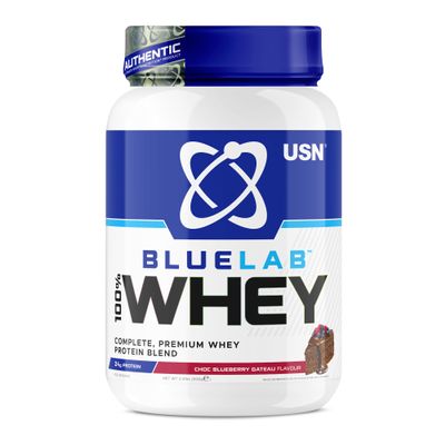 USN Blue Lab Whey Protein Powder, Chocolate Blueberry Gateau Flavour - 908g (26 Servings), Premium Whey Isolate Protein Dietary Supplement, Post Workout Lean Muscle Growth BCAA Amino Acids Powder
