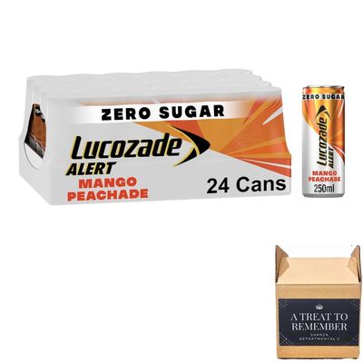 Lucozade Alert Mango Peachade Zero Sugar, 24x250ml cans High Caffeine Energy Drink Great Taste Contains vitamin B3