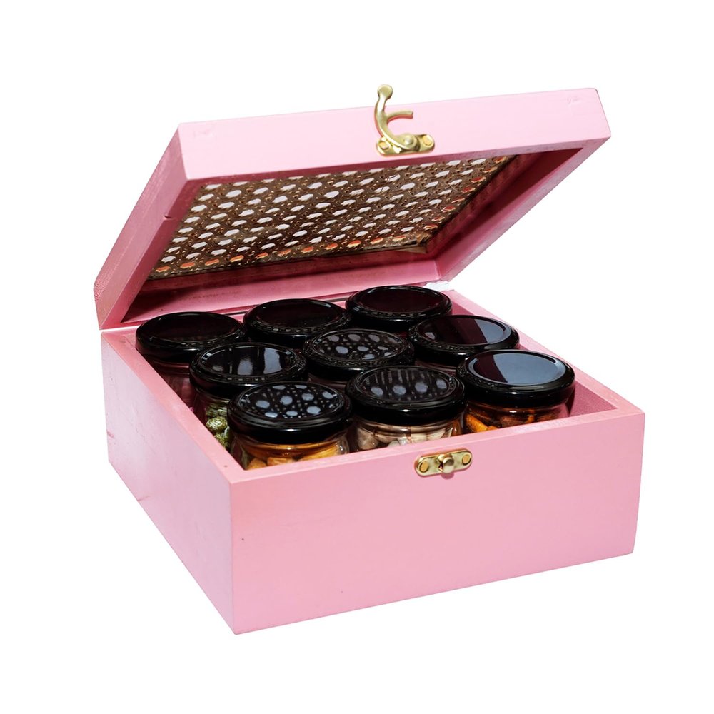 Ghasitaram Gifts Jaiccha Pink Cane Rattan Box of 9 Dryfruit Jars|Gift for Diwali,Holi,Rakhi,Valentine,Christmas,Birthday,Anniversary,Gift for Her,Him,Mothers Day,Fathers Day|