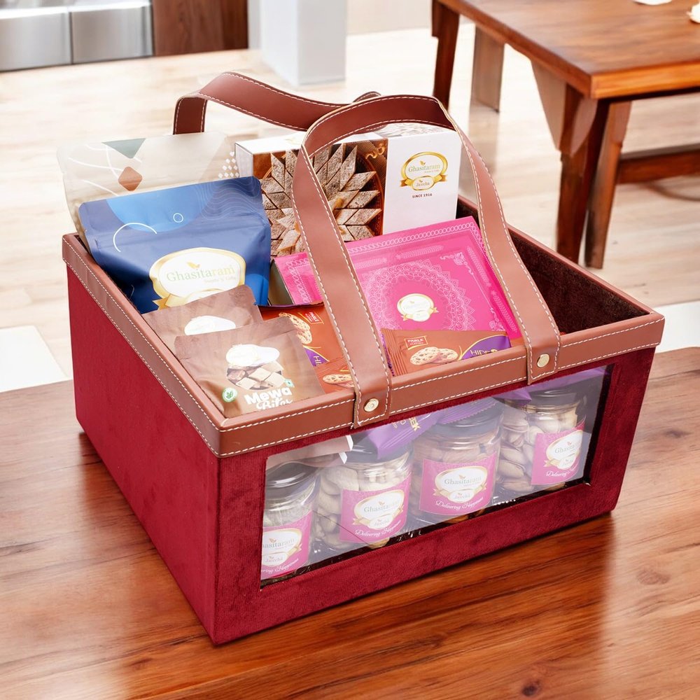 Ghasitaram Gifts Jaiccha Big Velvet Basket of 23 Goodies|Gift for Diwali,Holi,Rakhi,Valentine,Christmas,Birthday,Anniversary,Gift for Her,Him,Mothers Day,Fathers Day|