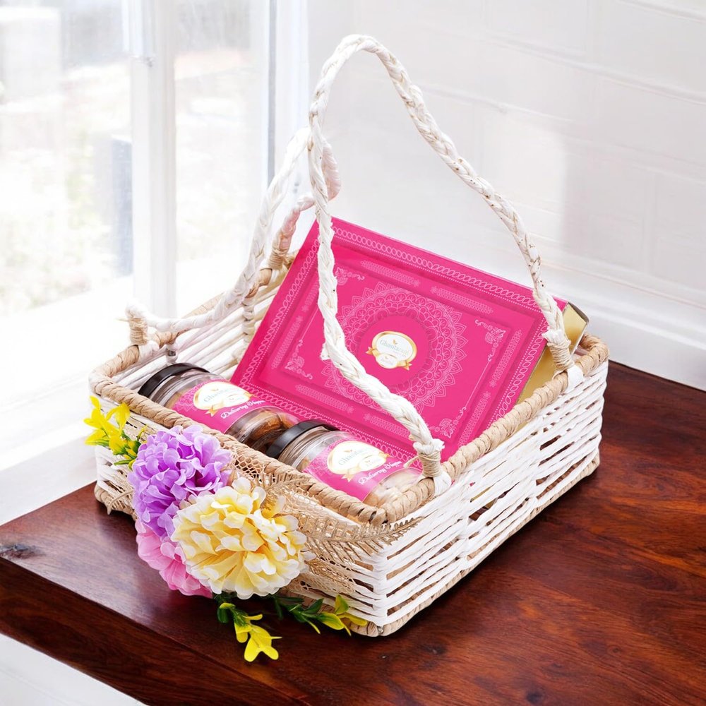 Ghasitaram Gifts Jaiccha Jute Square Flower Basket with Kaju Katli & 2 Jars of Cashews and Flavour Raisins|Gift for Diwali,Holi,Valentine,Birthday,Anniversary,Gift for Her,Him,Mothers Day,Fathers Day|