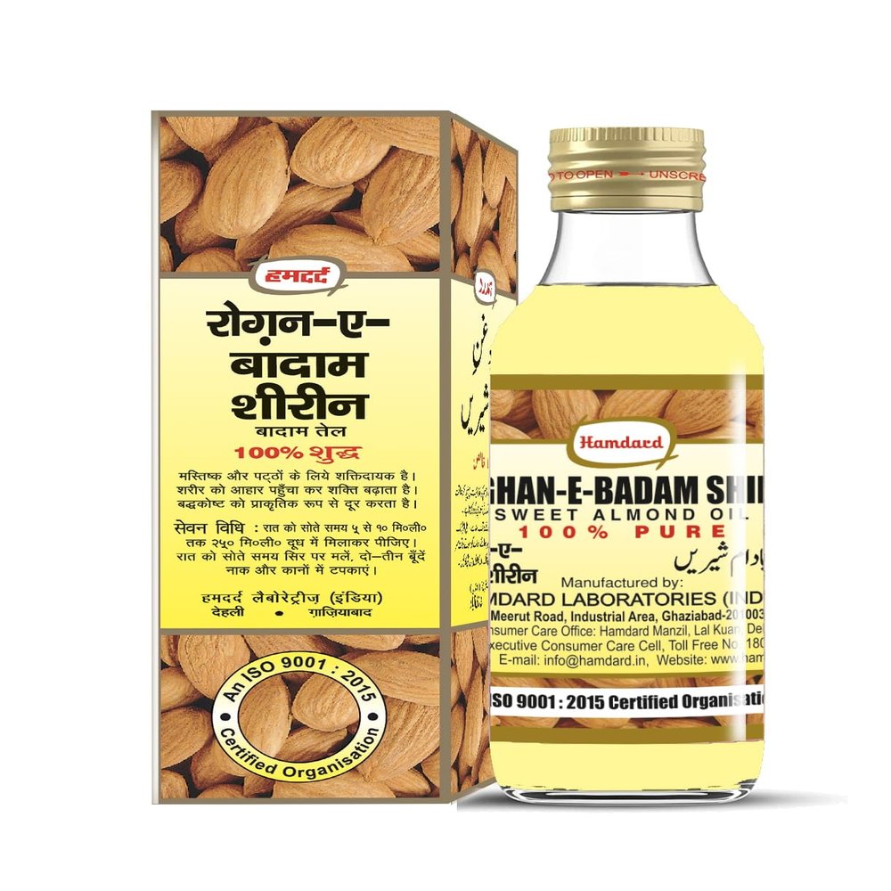 HAMDARD Roghan Badam Shirin Almond Oil 50ml Pure, Sweet Almond Oil for Health, Hair and Skin Care Yellow