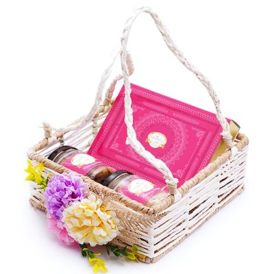 Ghasitaram Gifts Jaiccha Jute Square Flower Basket with Milk Cake,2 Jars of Crunchy Cashews and Flavour Raisins|Gift for Diwali,Holi,Valentine,Birthday,Anniversary,Her,Him,Mothers Day,Fathers Day|