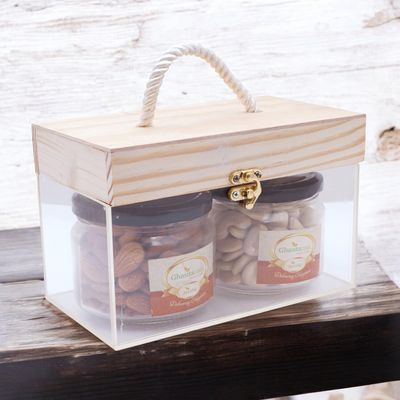 Ghasitaram Gifts Jaiccha Wooden Acrylic Box of 2 Big Jars of Cashews and Almonds|Gift for Diwali,Holi,Rakhi,Valentine,Christmas,Birthday,Anniversary,Gift for Her,Him,Mothers Day,Fathers Day|