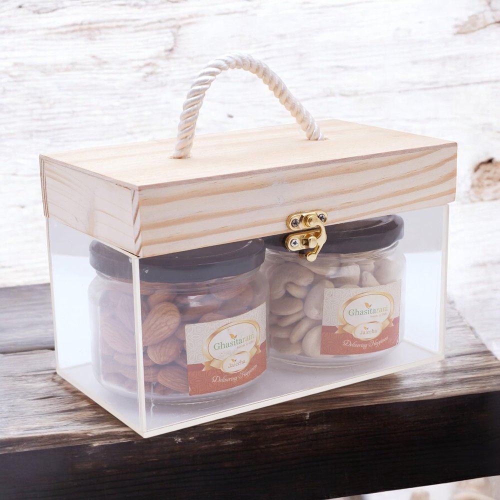 Ghasitaram Gifts Jaiccha Wooden Acrylic Box of 2 Big Jars of Cashews and Almonds|Gift for Diwali,Holi,Rakhi,Valentine,Christmas,Birthday,Anniversary,Gift for Her,Him,Mothers Day,Fathers Day|