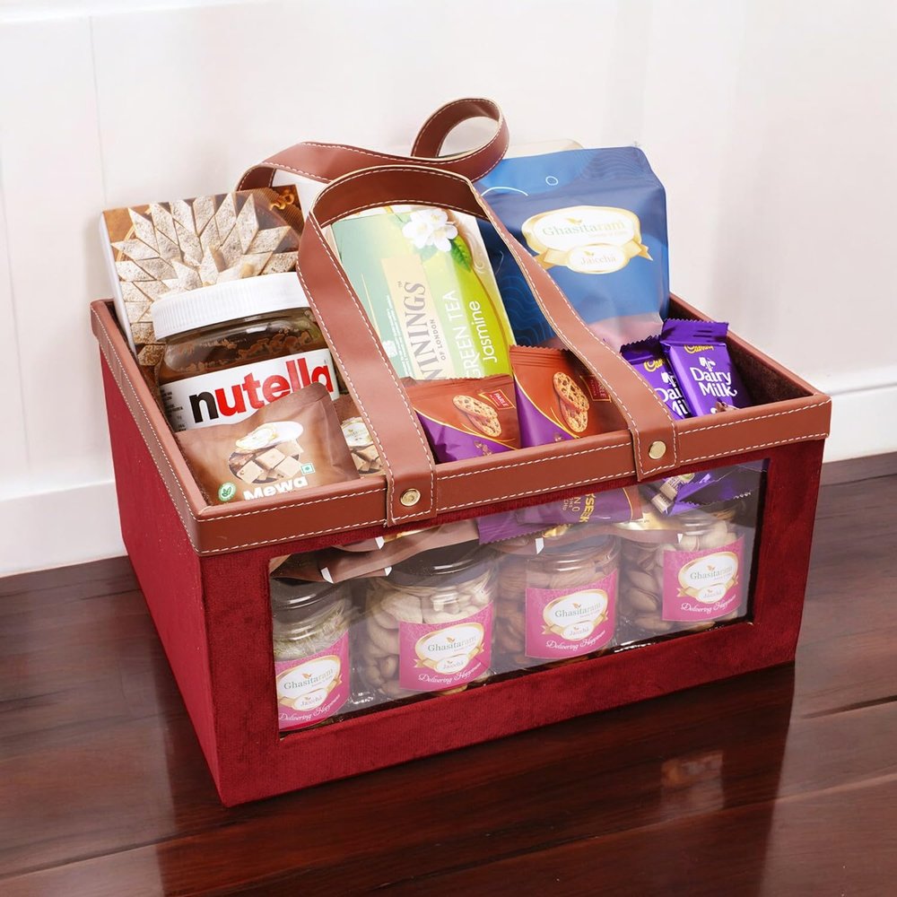 Ghasitaram Gifts Jaiccha Big Velvet Basket of 26 Goodies|Gift for Diwali,Holi,Rakhi,Valentine,Christmas,Birthday,Anniversary,Gift for Her,Him,Mothers Day,Fathers Day|