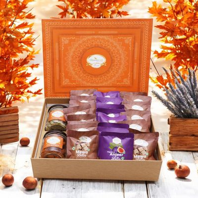 Ghasitaram Gifts Jaiccha Orange Hamper Box of 24 pcs MEWA and Sugarfree Anjeer Bites,Dryfruit Jar,Flavour Raisins Jar|GiftDiwali,Holi,Valentine,Birthday,Anniversary,Her,Him,Mothers Day,Fathers Day|