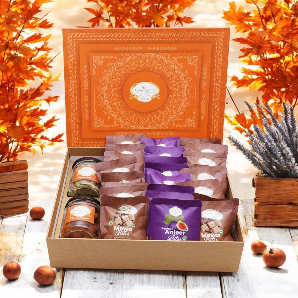 Ghasitaram Gifts Jaiccha Orange Hamper Box of 24 pcs MEWA and Sugarfree Anjeer Bites,Dryfruit Jar,Flavour Raisins Jar|GiftDiwali,Holi,Valentine,Birthday,Anniversary,Her,Him,Mothers Day,Fathers Day|