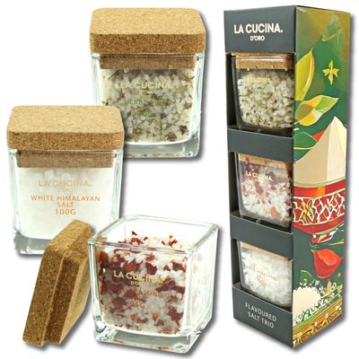 Kimm & Miller Luxury Flavoured Coarse Salt & Sea Salt Trio - Includes 3 varieties; Himalayan, Chilli & Herby Rock in Sturdy Glass Salt Pots - Great Cooking Gifts for Men & Women