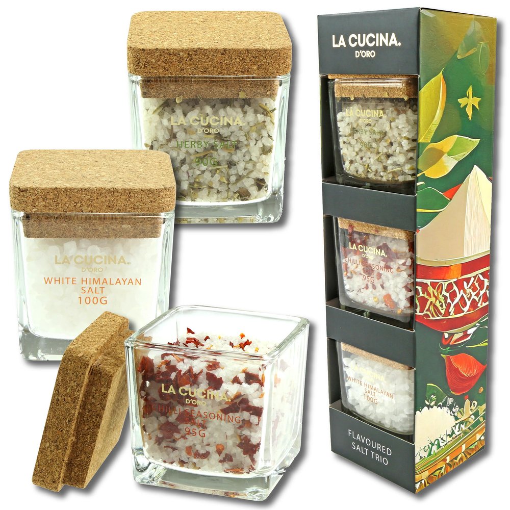 Kimm & Miller Luxury Flavoured Coarse Salt & Sea Salt Trio - Includes 3 varieties; Himalayan, Chilli & Herby Rock in Sturdy Glass Salt Pots - Great Cooking Gifts for Men & Women