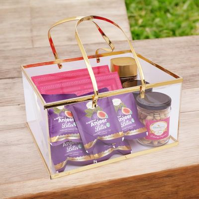 Ghasitaram Gifts Jaiccha Acrylic Basket of Sugarfree Kaju Katli,Peda,5 SF bites,2 jars of Roasted Cashew,Almonds,Coffee|Gift,Diwali,Holi,Valentine,Birthday,Anniversary,Her,Him,Mothers Day,Fathers Day|