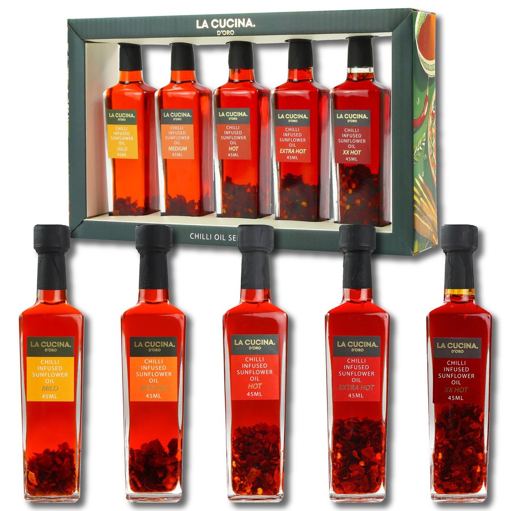Kimm & Miller Luxury Chilli Oil Gift Set - Flavoured Cooking Oil Gift Set with 5 Chilli Oils in Assorted Heat Levels - Italian Inspired Cooking Gifts for Men & Women