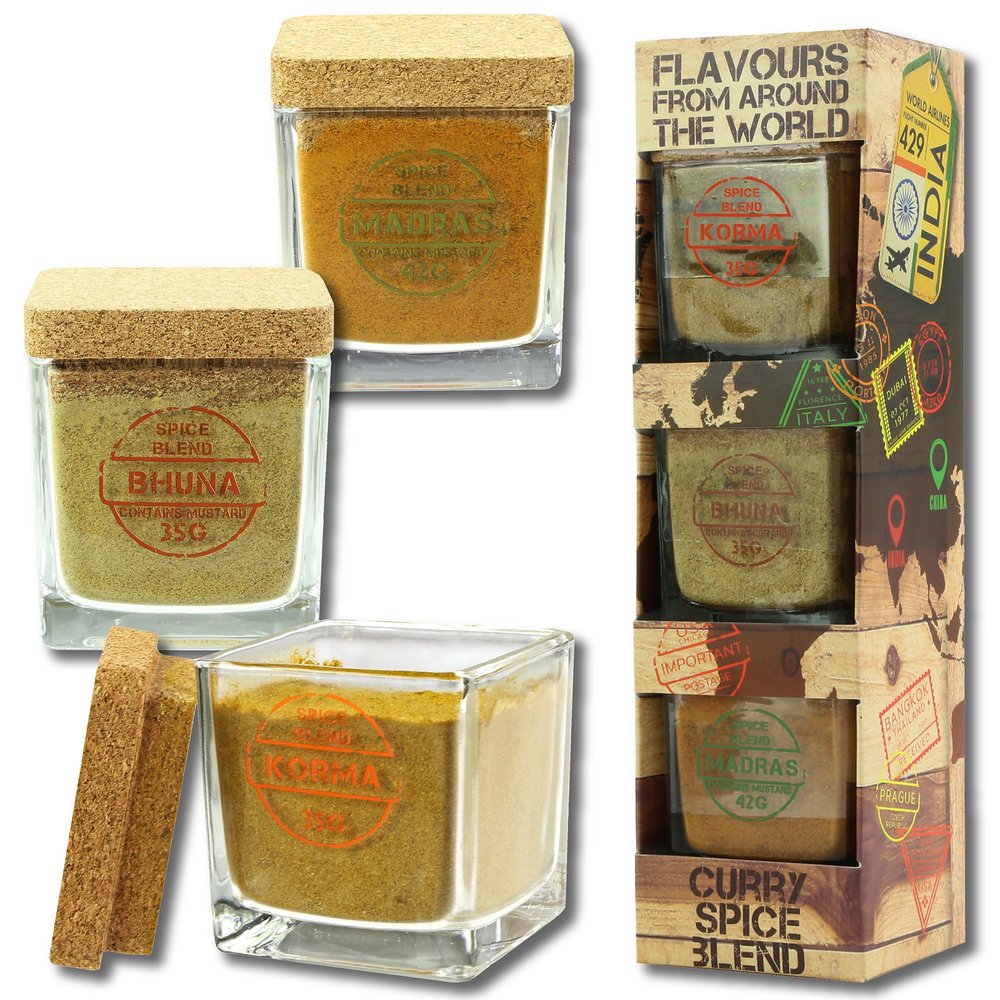 Kimm & Miller Curry Gift Set Trio Pack - Delicious Cooking Food Gifts for Men & Women with 3 Spice Blends - Korma, Bhuna & Madras Curry Powder Spices