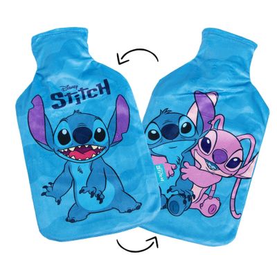 Disney Reversible Hot Water Bottles Stitch Plush Cover Natural Rubber 2L Capacity - Stitch/Angel Design - Reversible