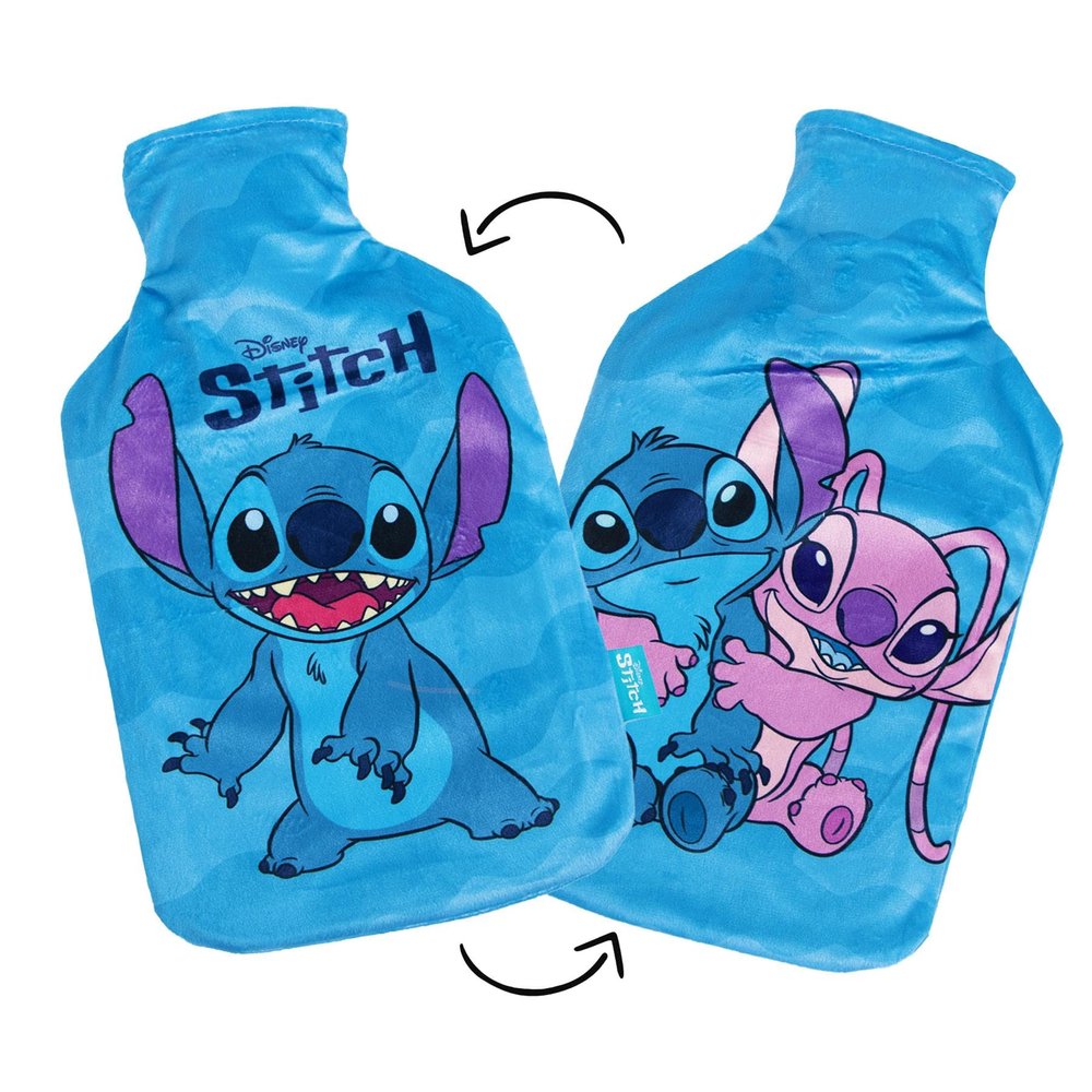 Disney Reversible Hot Water Bottles Stitch Plush Cover Natural Rubber 2L Capacity - Stitch/Angel Design - Reversible