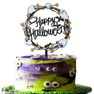 1 Pack Happy Halloween Cake Topper, Happy Halloween Cake Decorations, Acrylic Ghost Skull Bats Cake Pick for Halloween Theme Baby Shower Party Decorations