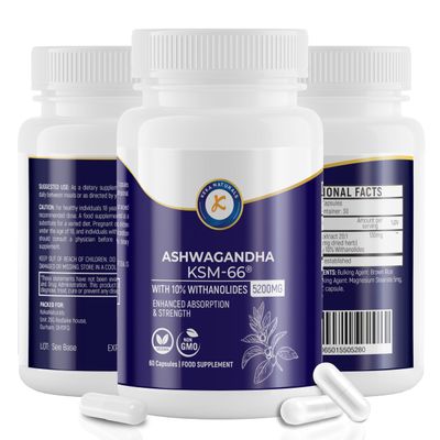 Ashwagandha KSM-66-5200mg - 10% Withanolides - Enhanced Absorption and High Strength - All Natural, Non-GMO - 60 Vegan Capsules