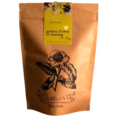 Tchai Ovna - Golden Flower of Healing | Soothing Camomile | Lavender & Raspberry Leaf | Effective Relief for Sore Heads, Upset Stomachs & Nausea | Naturally Sweet | 2g Serves 1 Teapot | 75g