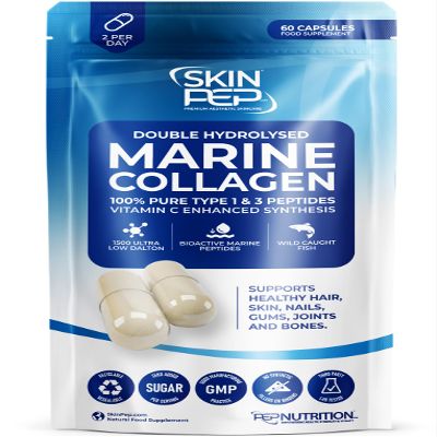 100% Pure Marine Collagen (60 Capsules) - 1270mg (Not Collagen Powder) - 1 Month Supply - Collagen Supplements for Women & Men - Premium Double Hydrolysed Triple Filtered Type 1&3 Peptides by SkinPep