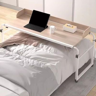 115-210cm Adjustable Overbed Laptop Desk, Rolling Storage Trolley Mobile Bedside Table with 4 Wheels Standing Workstation Food Tray Desk for Home and Hospital(Color:Wood)