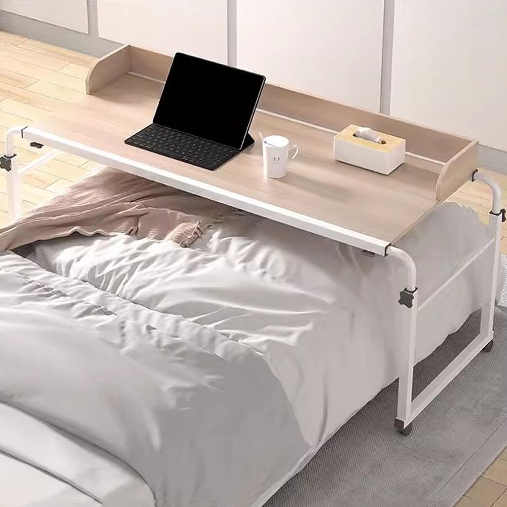 115-210cm Adjustable Overbed Laptop Desk, Rolling Storage Trolley Mobile Bedside Table with 4 Wheels Standing Workstation Food Tray Desk for Home and Hospital(Color:Wood)
