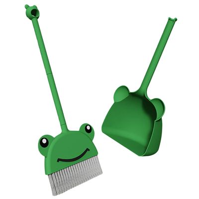 Kids Broom and Dustpan Set 2Pcs/Set PP Cute Cartoon Frog Pattern Toddler Broom Odor-free Hanging Smooth Handle Washable PET Brush Kids Broom for Home Kindergarten Home Kitchen Tools